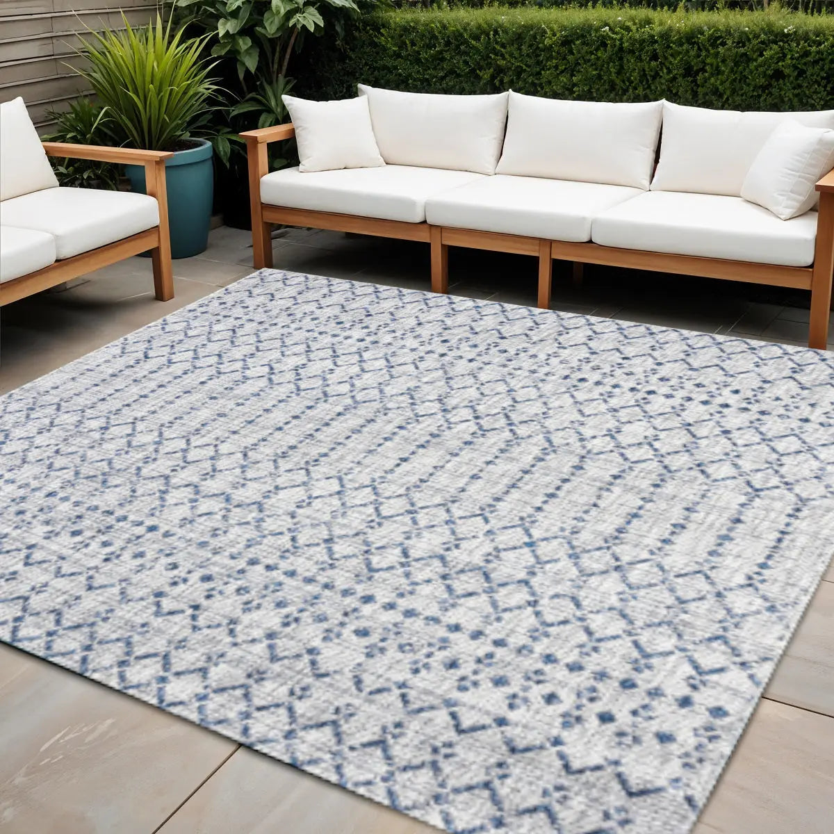 6' Light Gray And Navy Blue Square Trellis Indoor Outdoor Area Rug Homeroots Outdoor