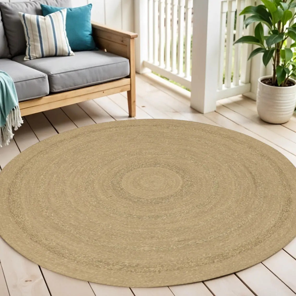6' Natural And Brown Round Handmade Indoor Outdoor Area Rug Homeroots Outdoor