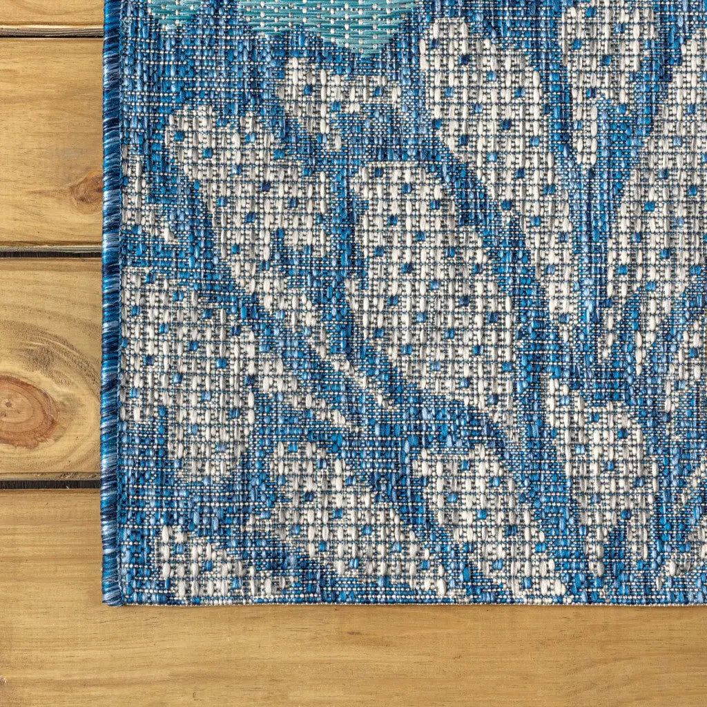 6' Navy Blue And Aqua Square Floral Indoor Outdoor Area Rug Homeroots Outdoor