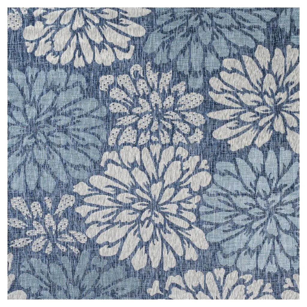 6' Navy Blue And Aqua Square Floral Indoor Outdoor Area Rug Homeroots Outdoor