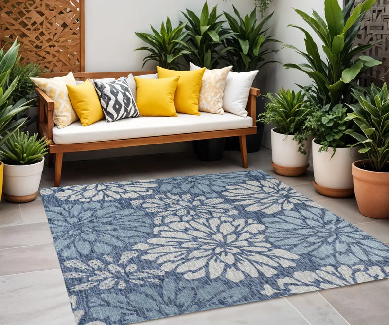 6' Navy Blue And Aqua Square Floral Indoor Outdoor Area Rug Homeroots Outdoor