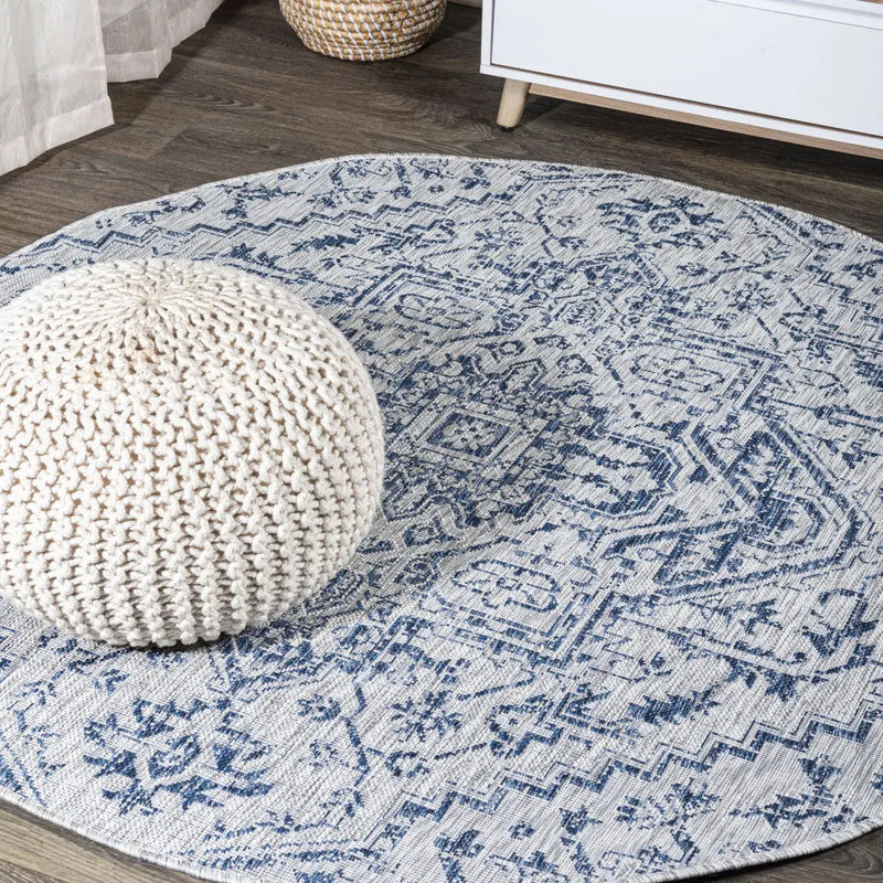 6' Navy Blue And Gray Round Medallion Indoor Outdoor Area Rug - GreatEagleInc