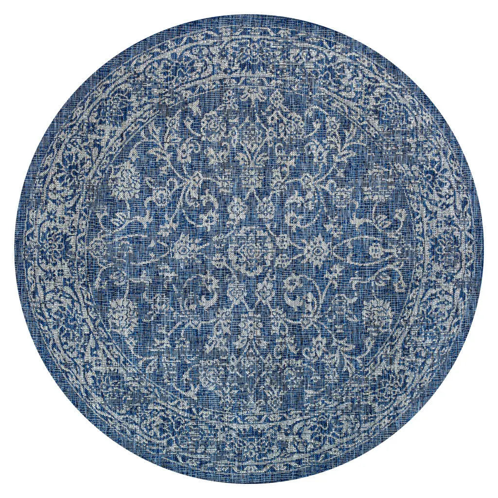 6' Navy Blue And Gray Round Medallion Indoor Outdoor Area Rug Homeroots Outdoor