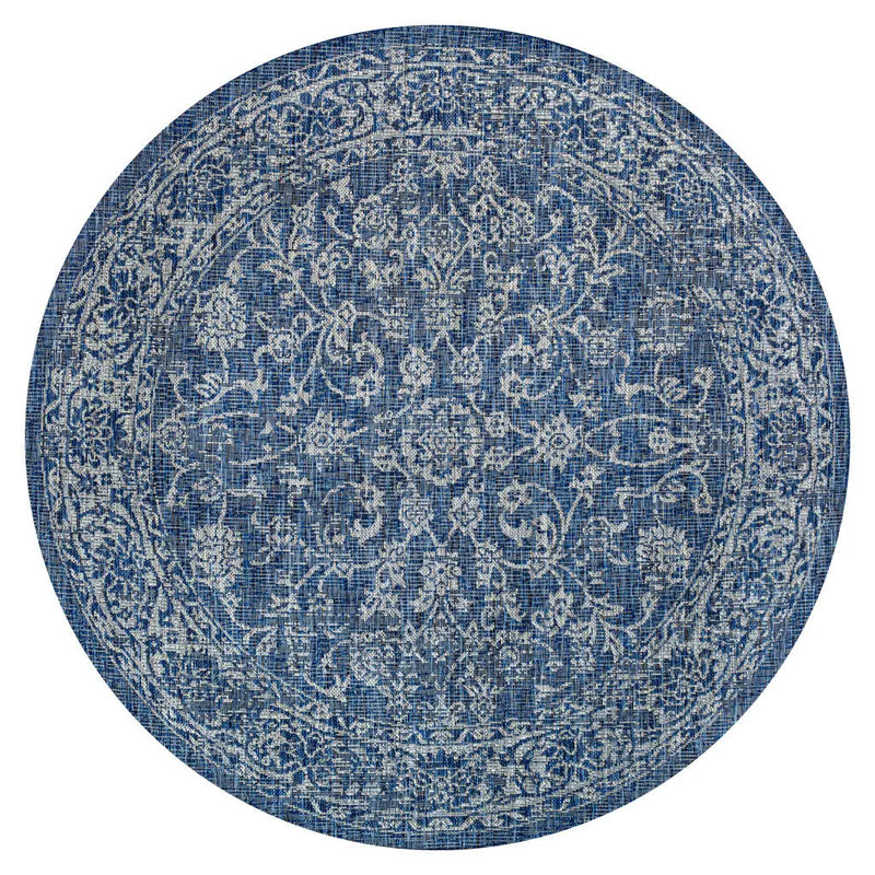 6' Navy Blue And Gray Round Medallion Indoor Outdoor Area Rug Homeroots Outdoor