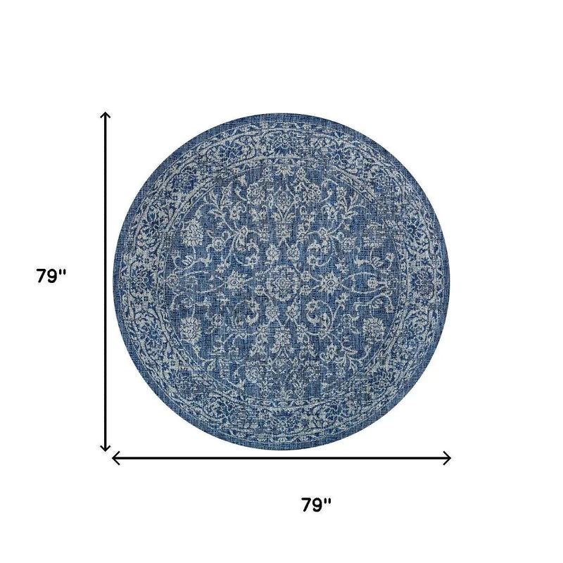 6' Navy Blue And Gray Round Medallion Indoor Outdoor Area Rug Homeroots Outdoor