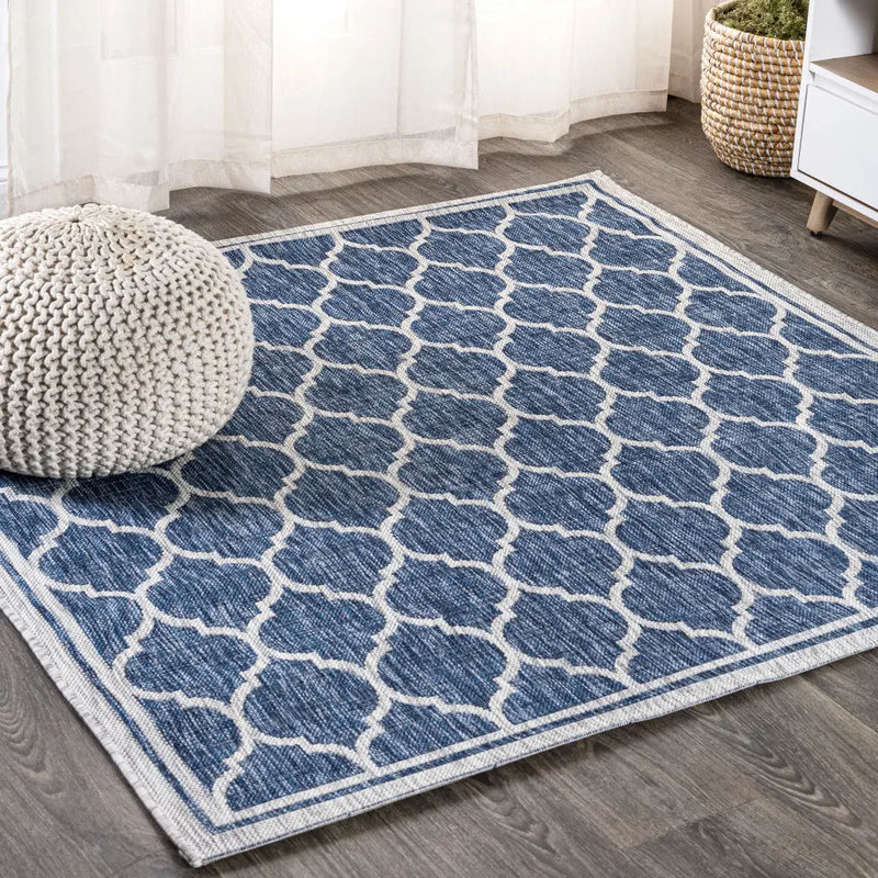6' Navy Blue And Gray Square Geometric Indoor Outdoor Area Rug Homeroots Outdoor