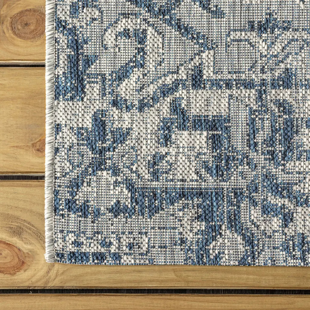 6' Navy Blue And Gray Square Medallion Indoor Outdoor Area Rug - GreatEagleInc
