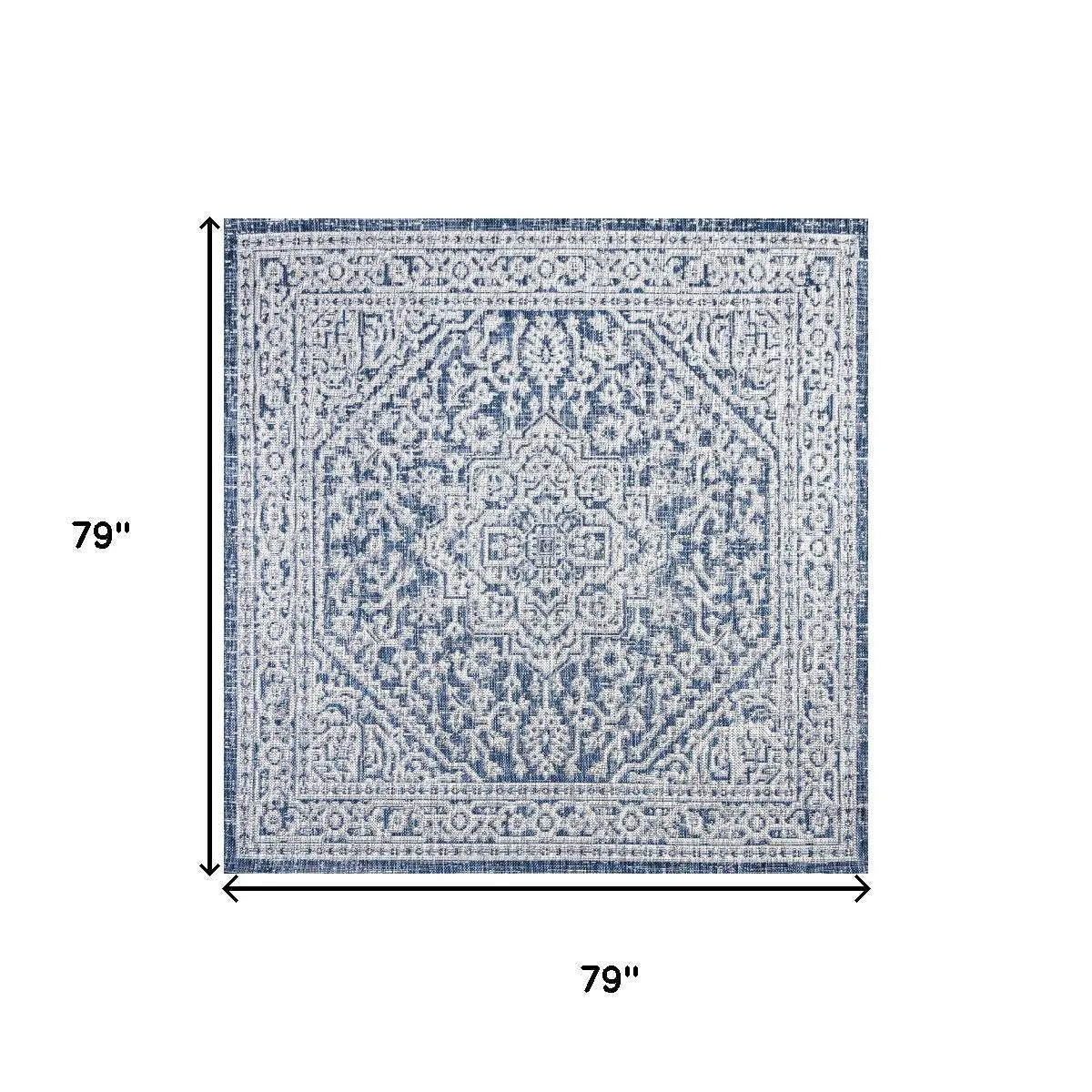 6' Navy Blue And Gray Square Medallion Indoor Outdoor Area Rug Homeroots Outdoor
