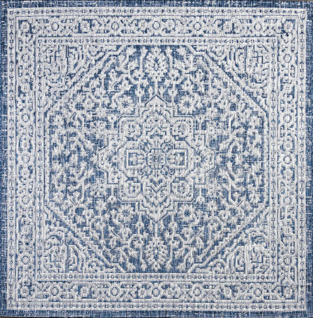 6' Navy Blue And Gray Square Medallion Indoor Outdoor Area Rug Homeroots Outdoor