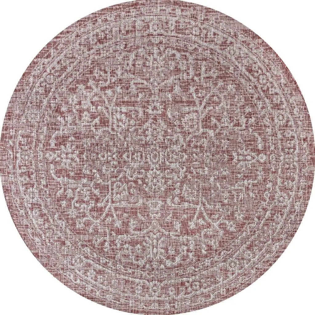 6' Red And Taupe Round Medallion Indoor Outdoor Area Rug Homeroots Outdoor
