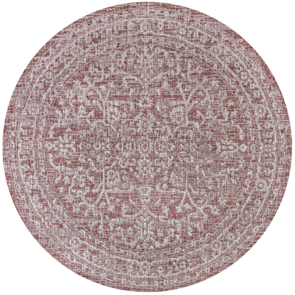 6' Red And Taupe Round Medallion Indoor Outdoor Area Rug Homeroots Outdoor