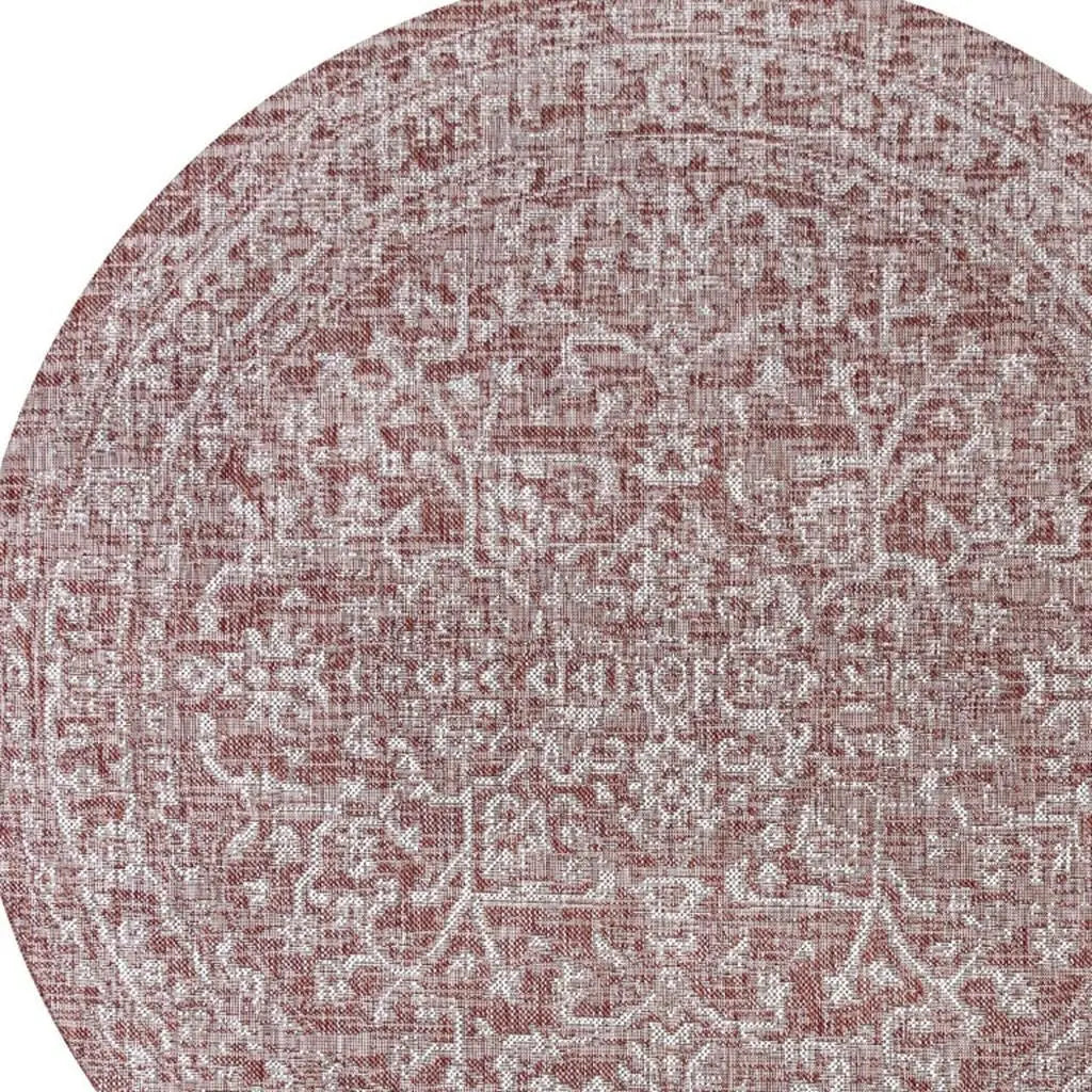 6' Red And Taupe Round Medallion Indoor Outdoor Area Rug Homeroots Outdoor