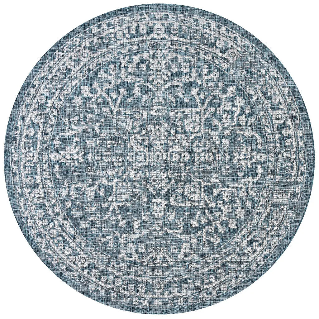 6' Teal Blue And Gray Round Medallion Indoor Outdoor Area Rug Homeroots Outdoor