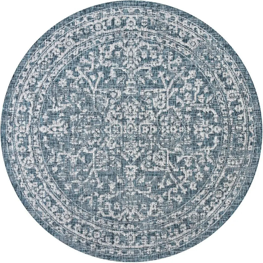 6' Teal Blue And Gray Round Medallion Indoor Outdoor Area Rug Homeroots Outdoor