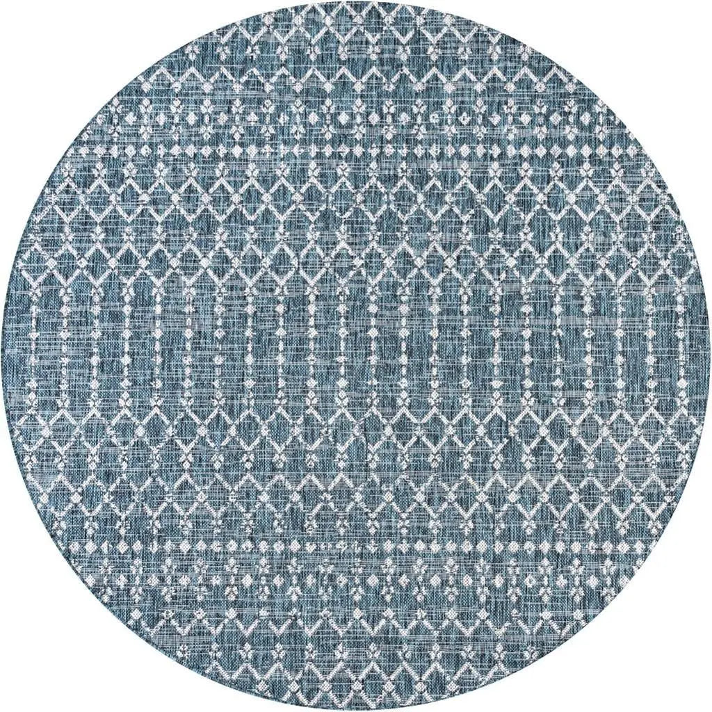 6' Teal Blue And Gray Round Trellis Indoor Outdoor Area Rug Homeroots Outdoor