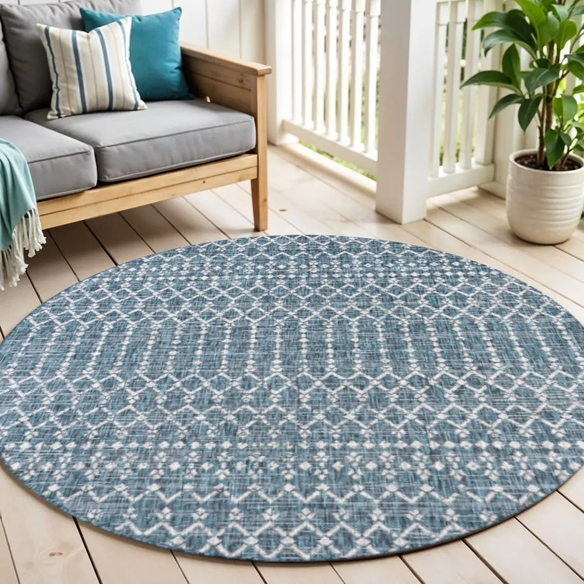 6' Teal Blue And Gray Round Trellis Indoor Outdoor Area Rug Homeroots Outdoor