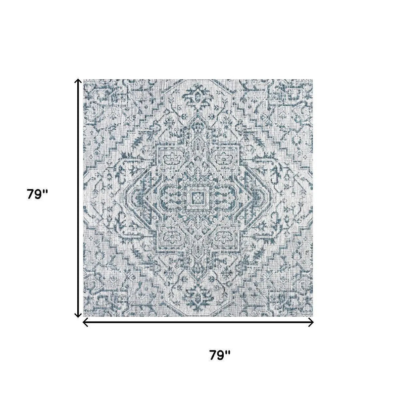 6' Teal Blue And Gray Square Medallion Indoor Outdoor Area Rug Homeroots Outdoor