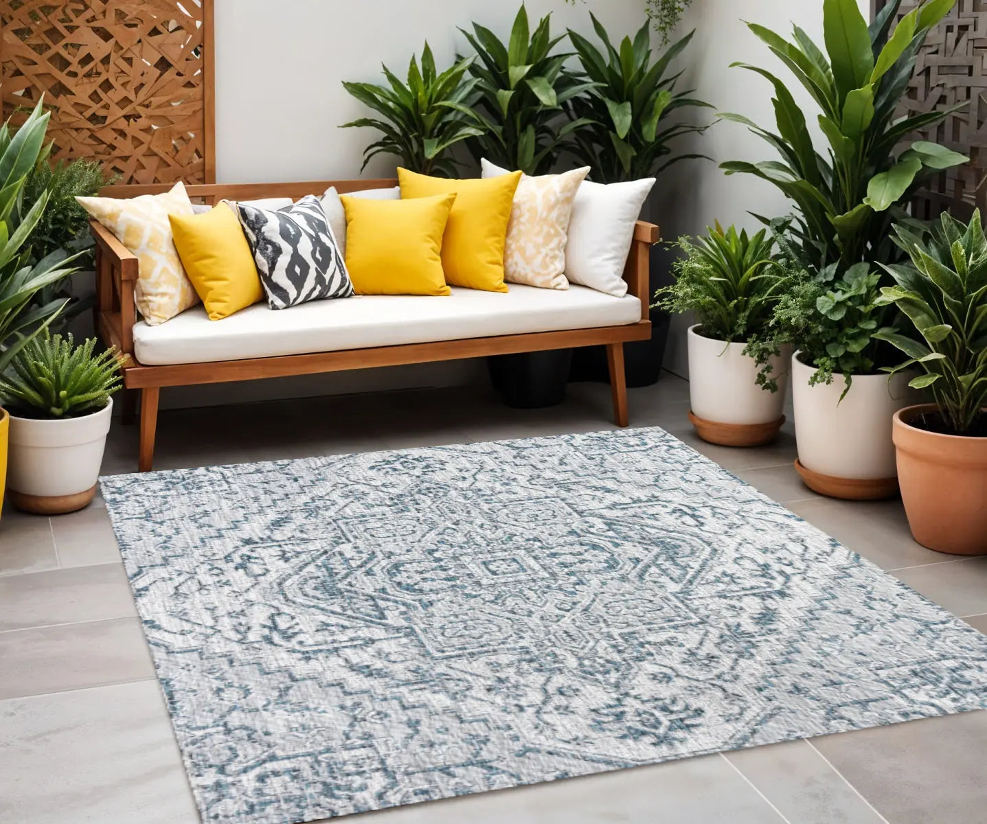 6' Teal Blue And Gray Square Medallion Indoor Outdoor Area Rug Homeroots Outdoor