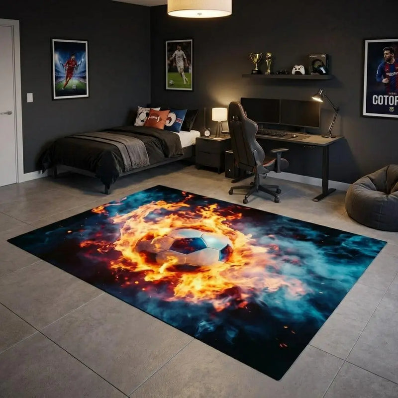 6' X 9' Black Orange And Blue Flaming Soccer Washable Area Rug With UV Protection Homeroots Home Decor