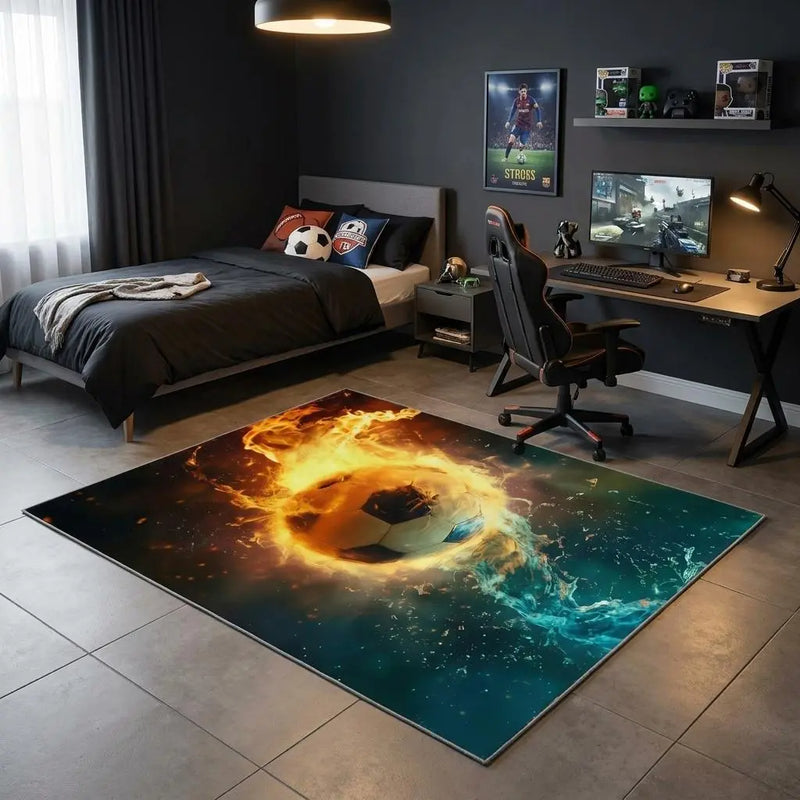 6' X 9' Blue Red And Black Flaming Soccer Washable Area Rug Homeroots Home Decor