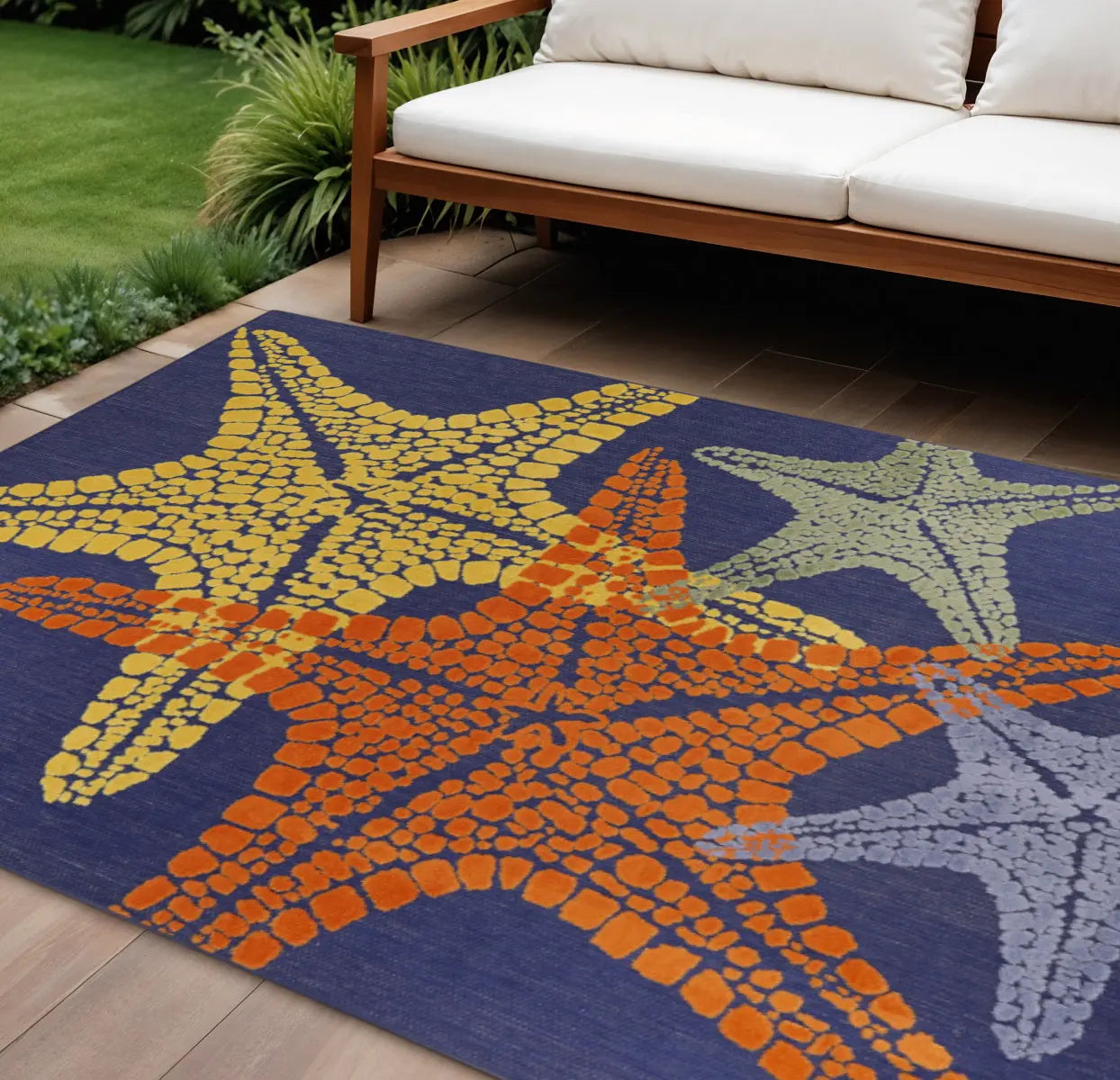 6' X 9' Blue Yellow And Orange Starfish Indoor Outdoor Area Rug Homeroots Outdoor