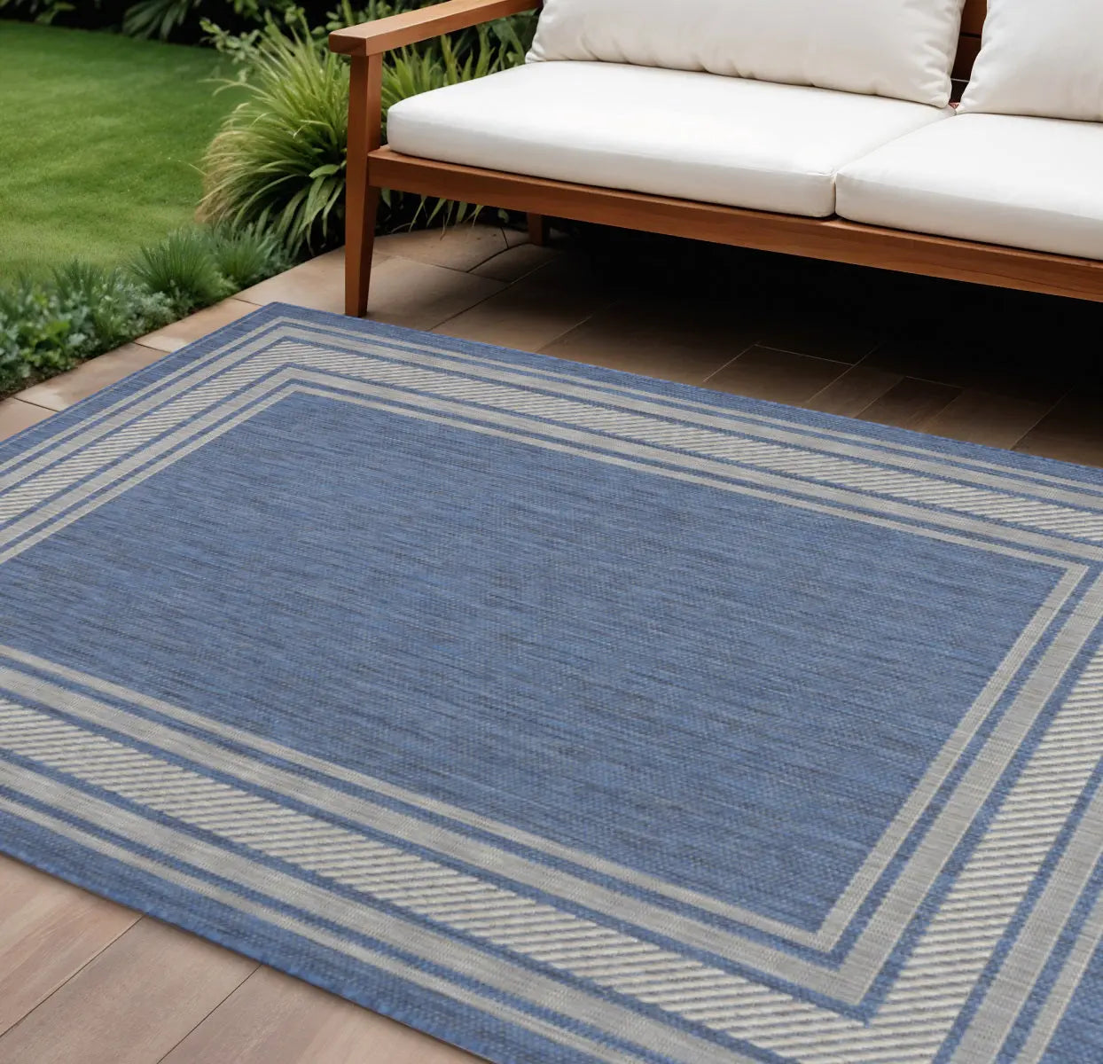 6' X 9' Denim Blue And Ivory Geometric Indoor Outdoor Area Rug Homeroots Outdoor