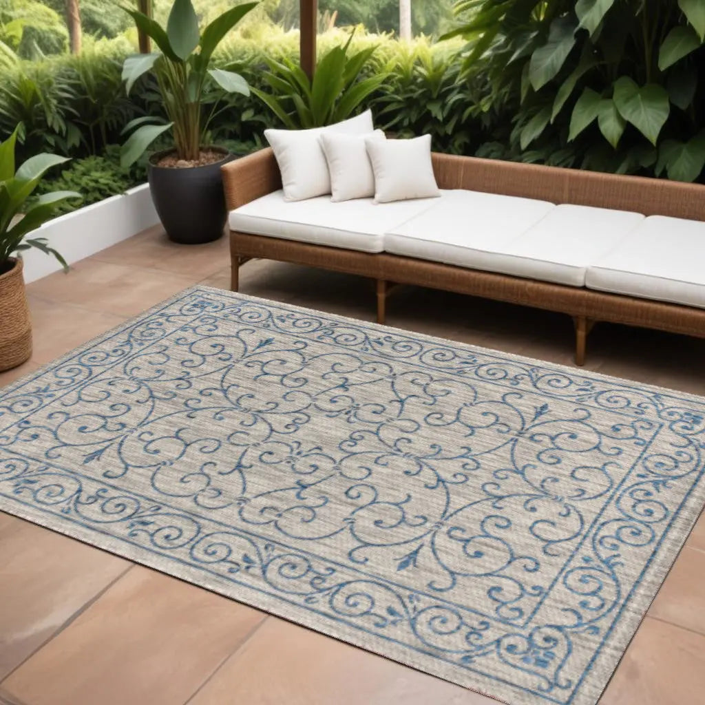 6' X 9' Gray And Navy Blue Medallion Indoor Outdoor Area Rug Homeroots Outdoor