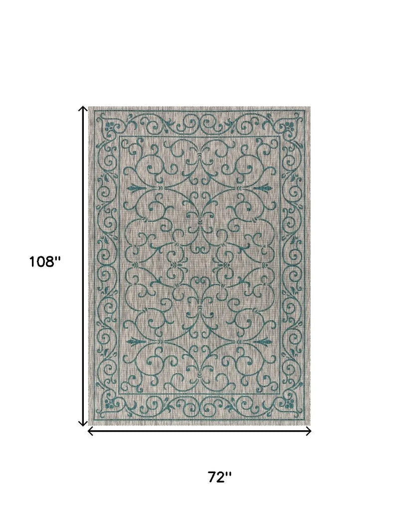 6' X 9' Gray And Teal Blue Medallion Indoor Outdoor Area Rug Homeroots Outdoor