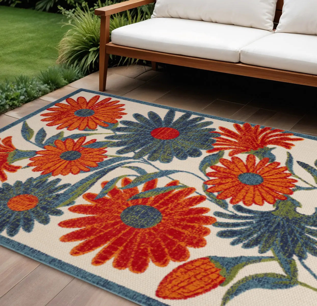 6' X 9' Ivory Blue Orange And Green Floral Indoor Outdoor Area Rug Homeroots Outdoor