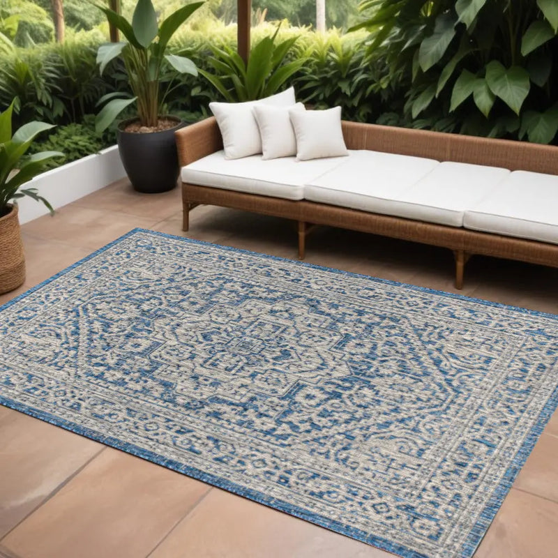 6' X 9' Navy Blue And Gray Medallion Indoor Outdoor Area Rug Homeroots Outdoor