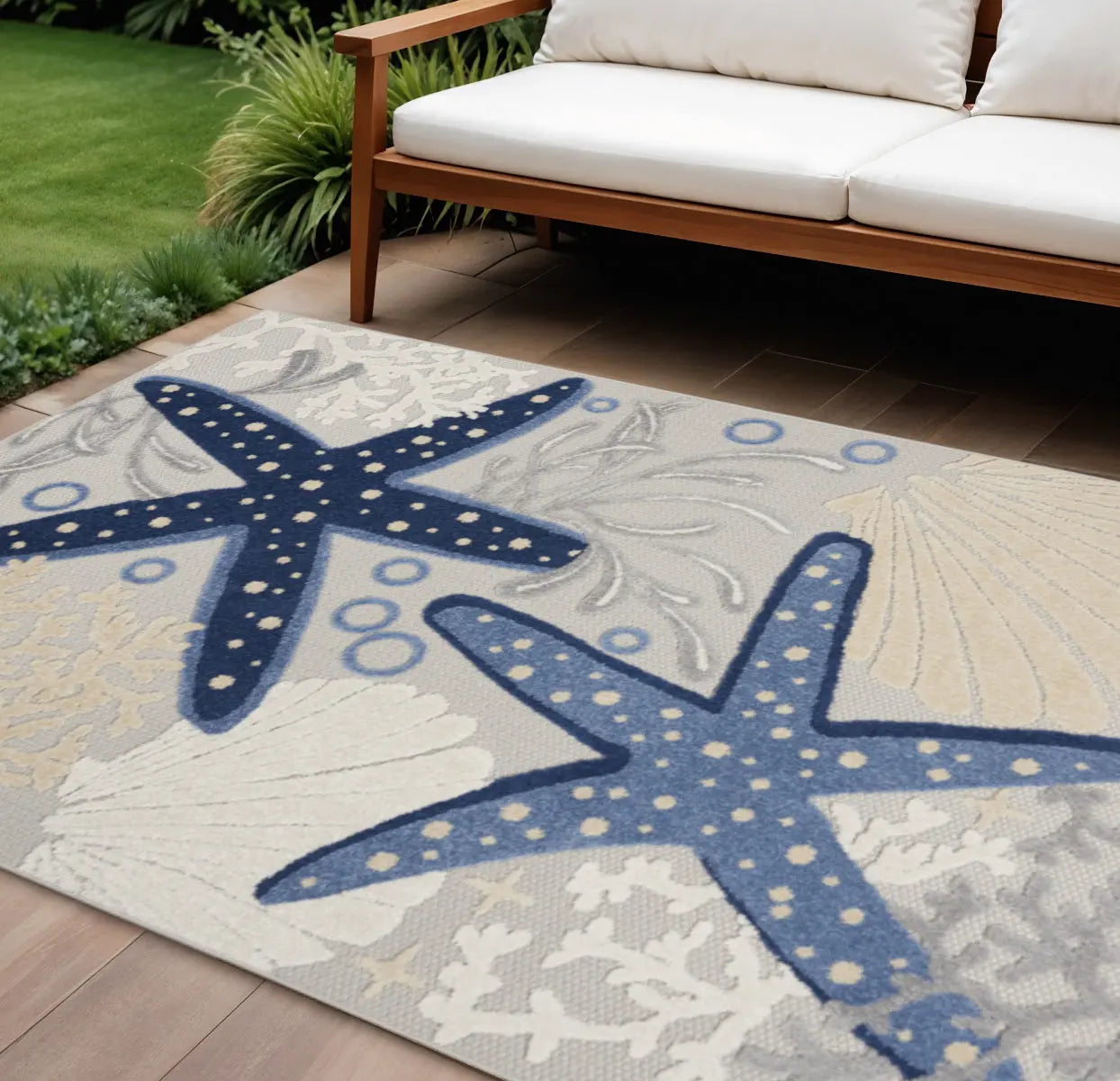 6' X 9' Navy Blue And Gray Starfish Indoor Outdoor Area Rug Homeroots Outdoor