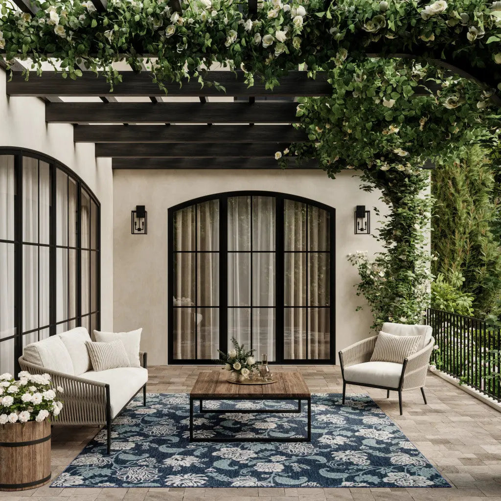 6' X 9' Navy Blue And Ivory Floral Indoor Outdoor Area Rug Homeroots Outdoor