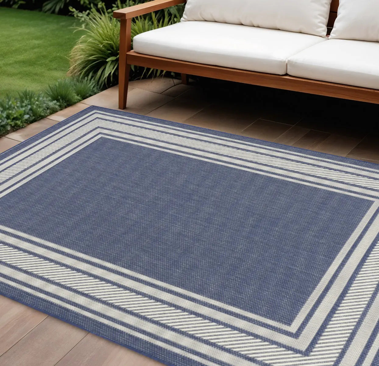 6' X 9' Navy Blue And Ivory Geometric Indoor Outdoor Area Rug Homeroots Outdoor