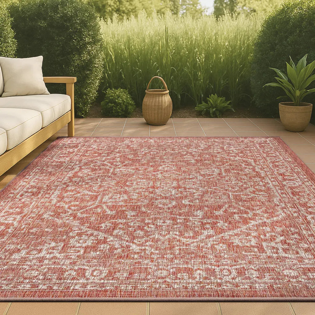 6' X 9' Red And Taupe Medallion Indoor Outdoor Area Rug Homeroots Outdoor