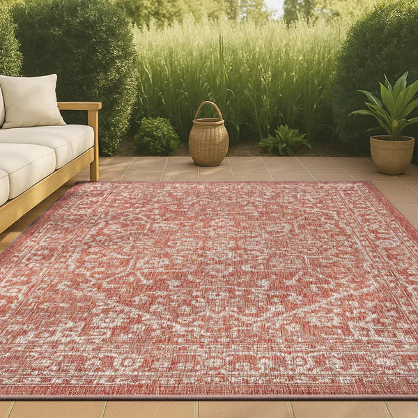 6' X 9' Red And Taupe Medallion Indoor Outdoor Area Rug Homeroots Outdoor