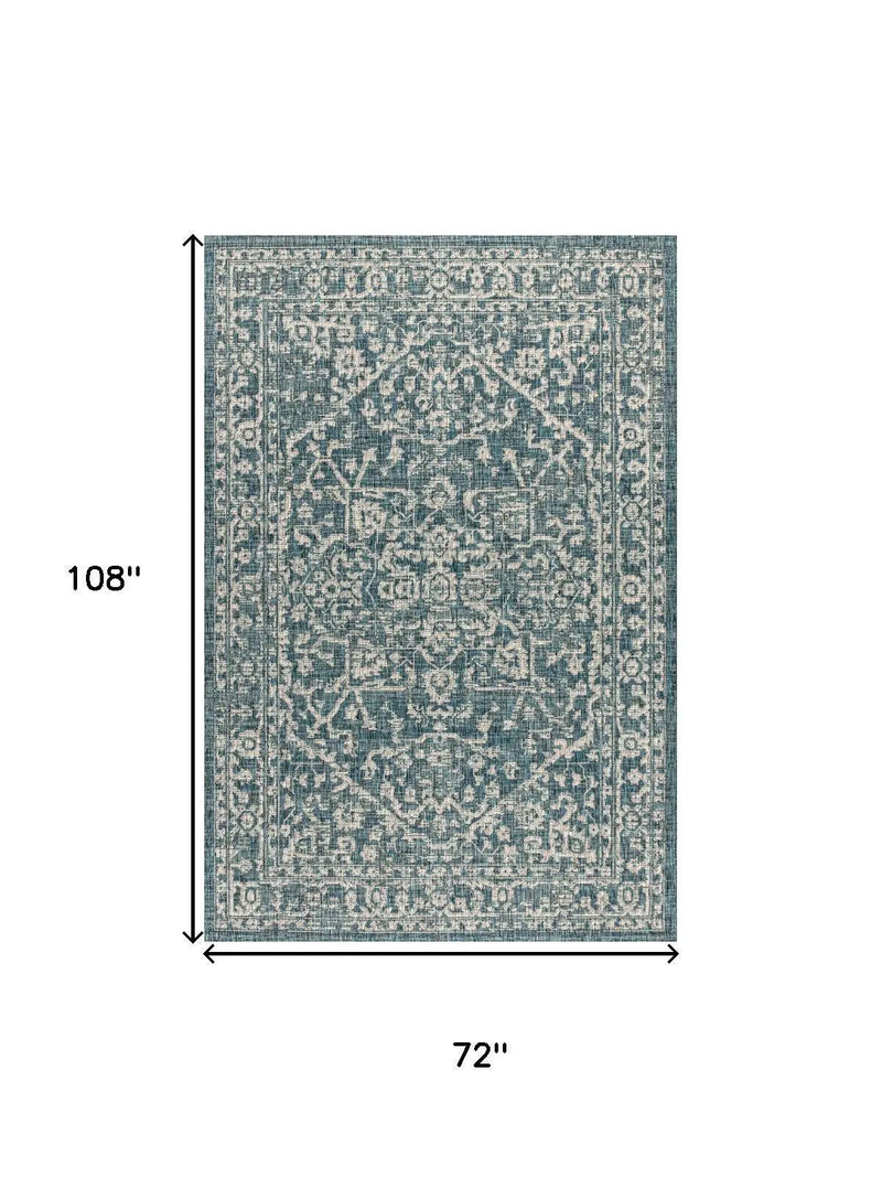 6' X 9' Teal Blue And Gray Medallion Indoor Outdoor Area Rug Homeroots Outdoor