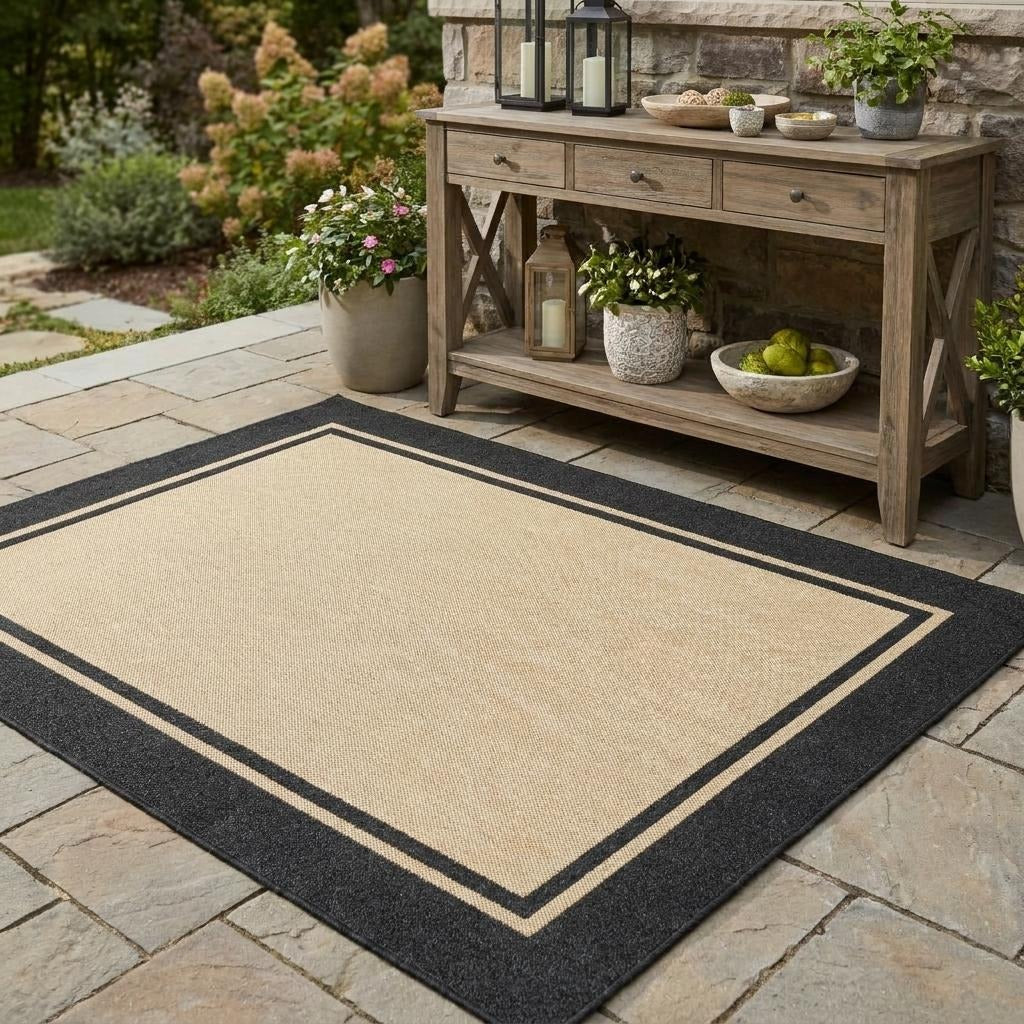 4' X 5' Beige And Black Indoor Outdoor Area Rug - Outdoor