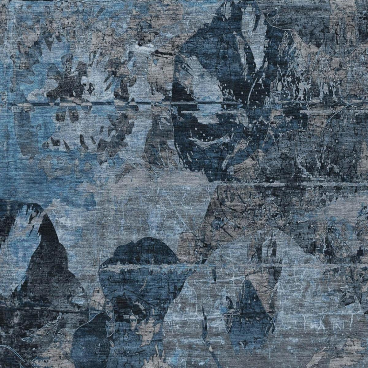 10' X 14' Denim Blue And Navy Blue Abstract Shag Washable Area Rug With UV Protection - Home & Garden