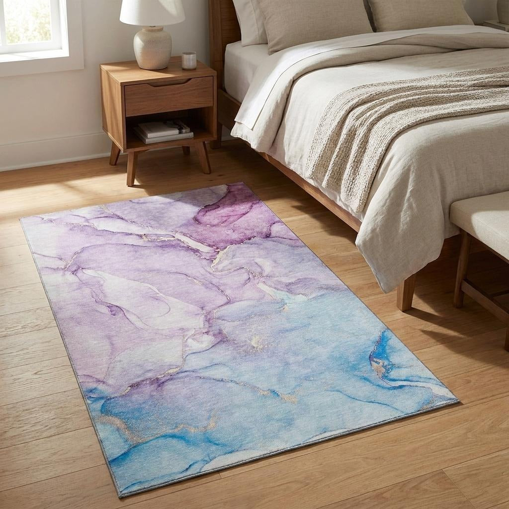 3' X 5' Purple Blue And Ivory Abstract Washable Area Rug With UV Protection - Home & Garden