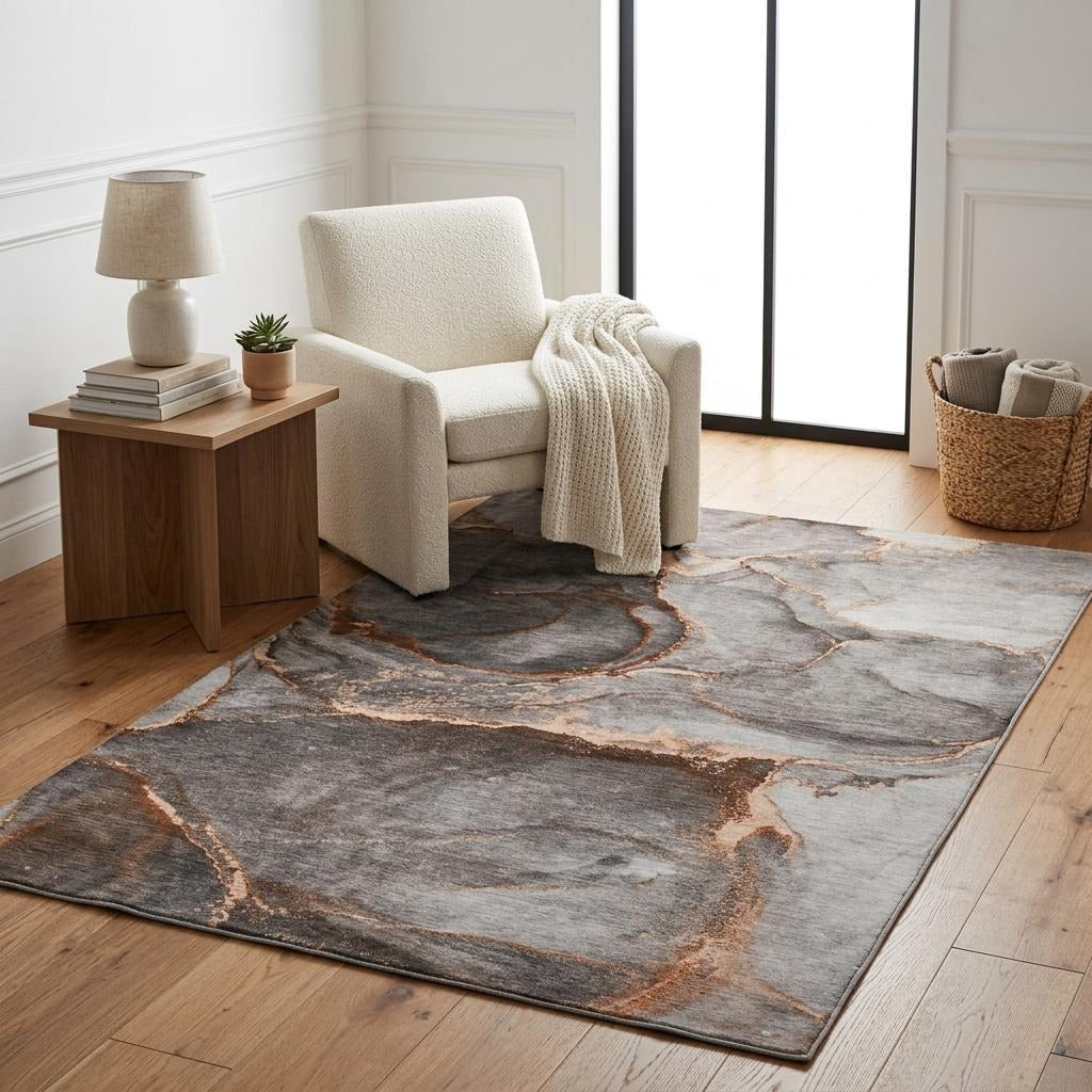 5' X 8' Peach And Gray Abstract Shag Washable Area Rug With UV Protection - Home & Garden