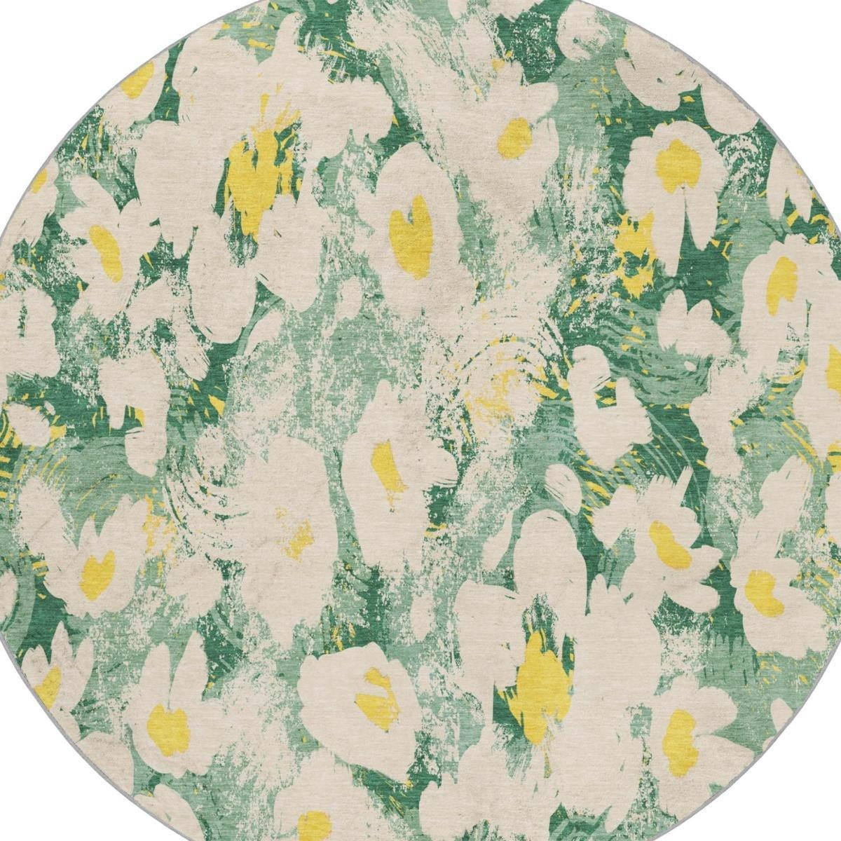 8' Green And Gold Floral Shag Washable Round Rug With UV Protection - Home & Garden