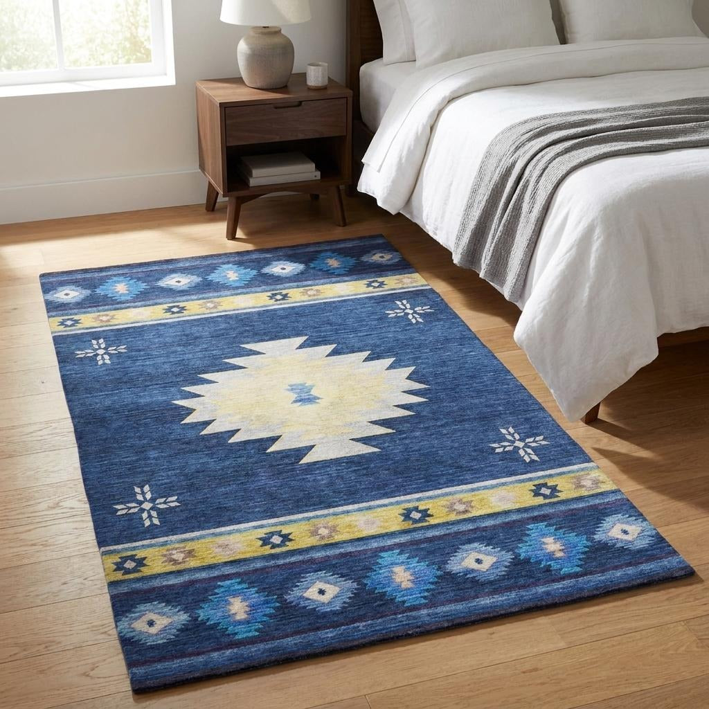 3' X 5' Blue And Cobalt Geometric Shag Washable Area Rug With UV Protection - Home & Garden
