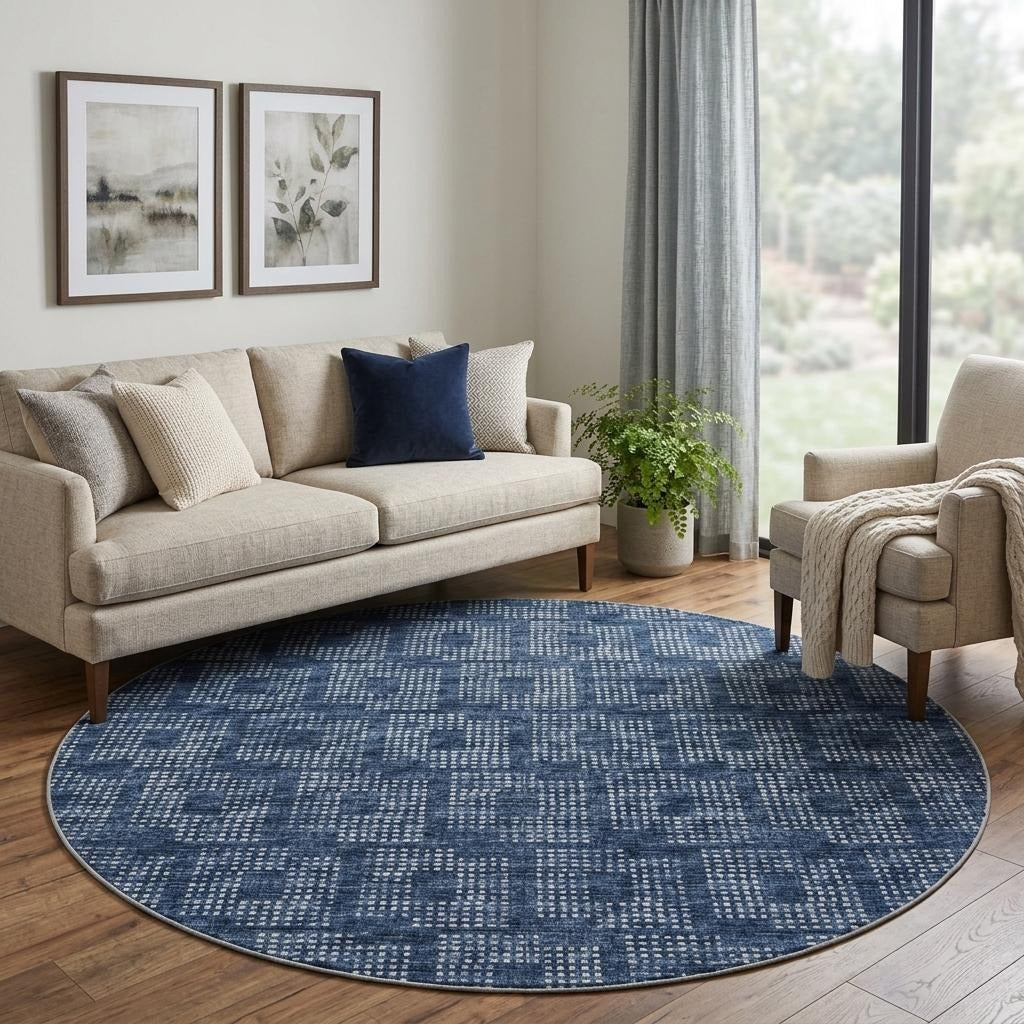 8' Blue And Light Blue Geometric Shag Washable Round Rug With UV Protection - Home & Garden