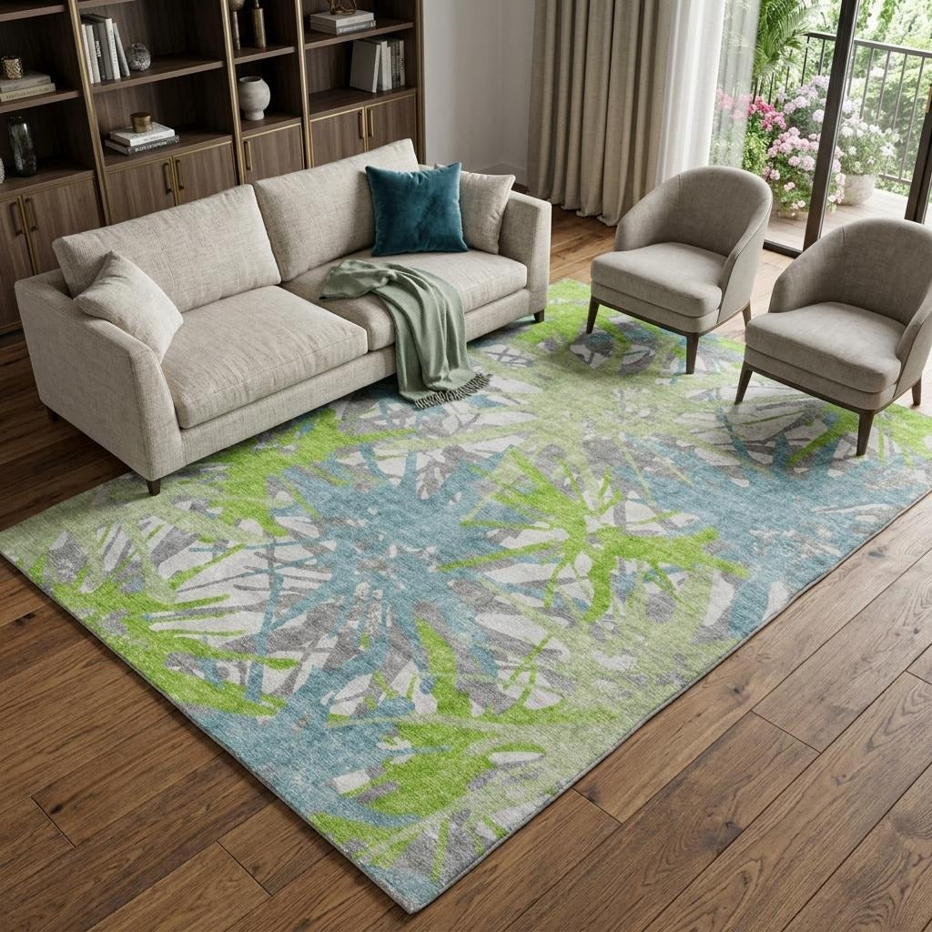 10' X 14' Green And Teal Abstract Shag Washable Area Rug With UV Protection - Home & Garden