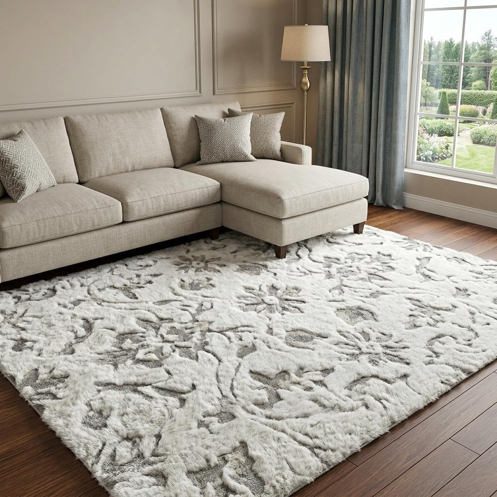 10' X 14' Orange And Ivory Floral Shag Washable Area Rug With UV Protection - Home & Garden