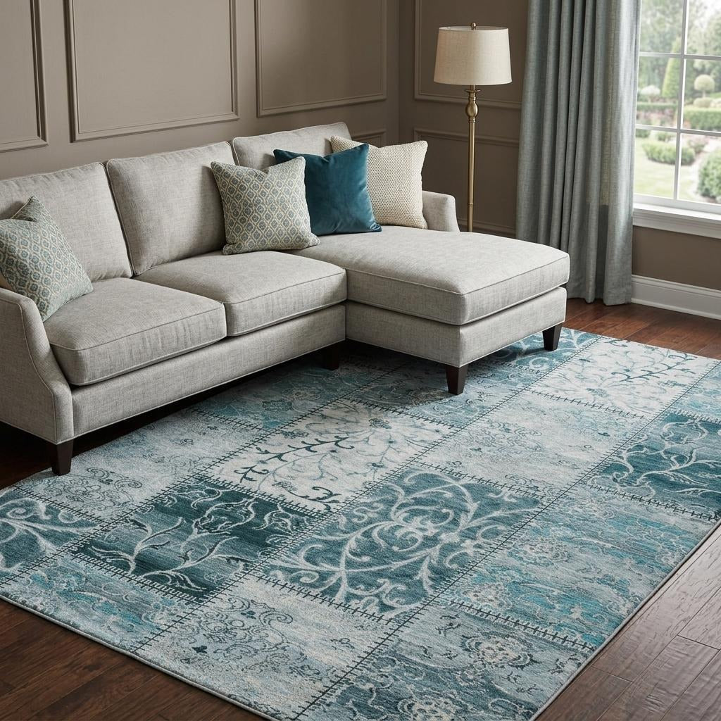 10' X 14' Teal And Ivory Floral Shag Washable Area Rug With UV Protection - Home & Garden