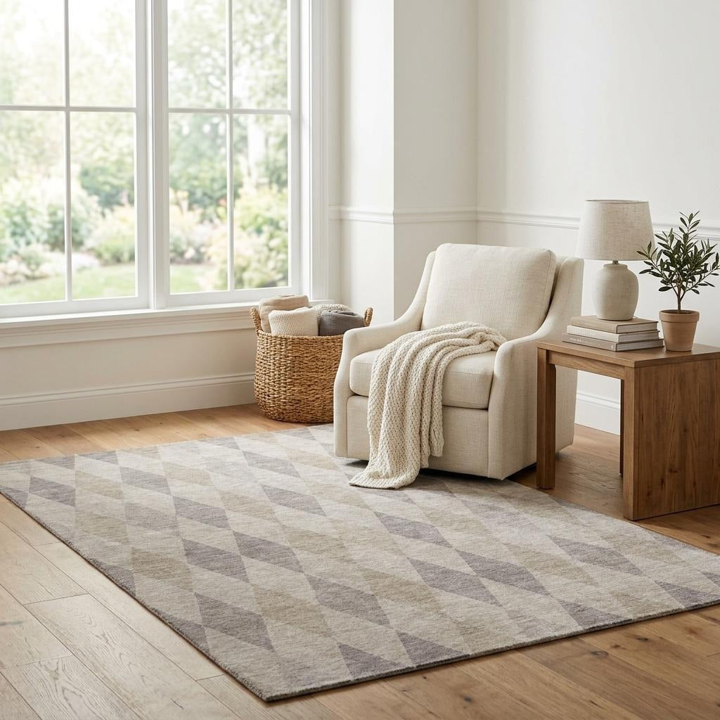 5' X 8' Beige And Gray Geometric Shag Washable Area Rug With UV Protection - Home & Garden