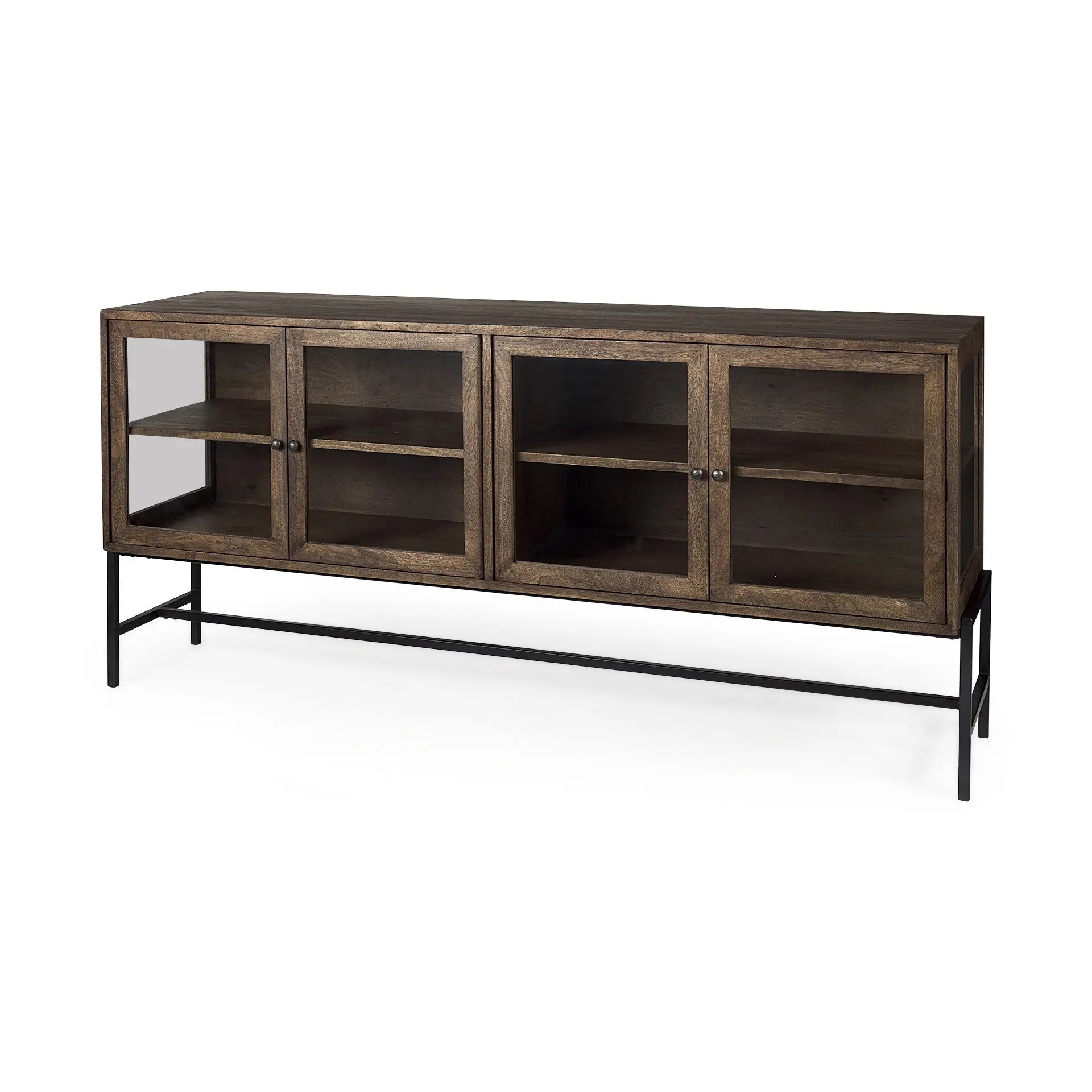 70" Black And Brown Solid Wood Sideboard Soft Close with Four Glass Doors Homeroots Kitchen & Dining