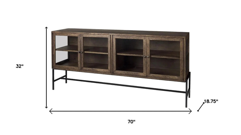 70" Black And Brown Solid Wood Sideboard Soft Close with Four Glass Doors Homeroots Kitchen & Dining