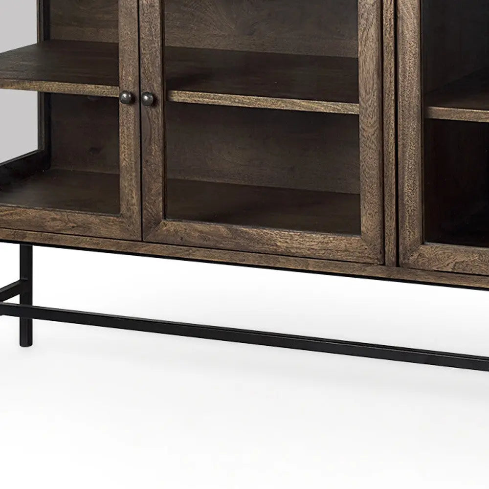 70" Black And Brown Solid Wood Sideboard Soft Close with Four Glass Doors Homeroots Kitchen & Dining